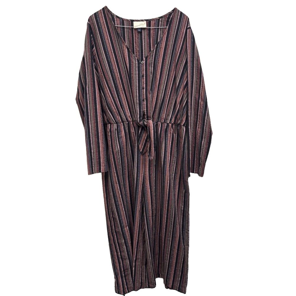Women Striped Jumpsuit L Burgundy Navy Tie Waist Long Sleeve Boho Wide Leg